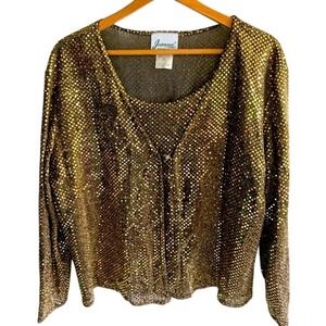 Gold Sequin Pullover Long Sleeve Top Sparkle Party Holiday Large Stretch Glam